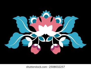 Symmetrical composition of Mexican ethnic flowers for embroidery on black background