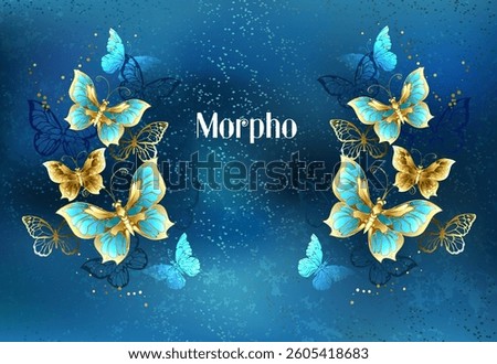 Symmetrical composition of swarm of artistically drawn, flying, golden, jewelry butterflies with luxurious, shiny, turquoise wings on textured turquoise background. Golden butterfly.