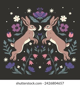 Symmetrical composition of two hares and flowers on a dark background. Vector graphics