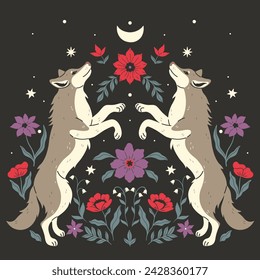 A symmetrical composition of two wolves standing sideways in a jump and flowers on a dark background. Vector graphics