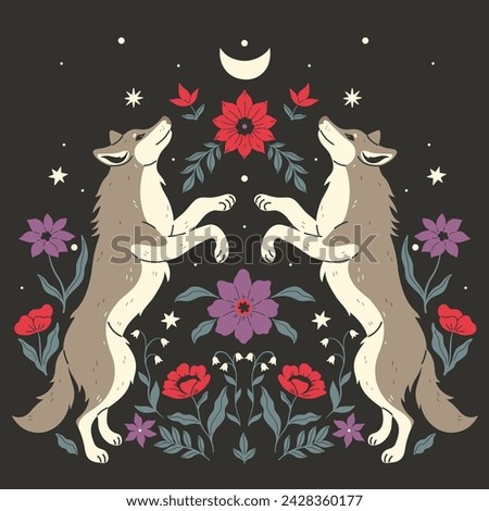 A symmetrical composition of two wolves standing sideways in a jump and flowers on a dark background. Vector graphics