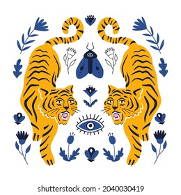 Symmetrical concept with  tigers and mystical boho elements. Hand drawn vector illustration.