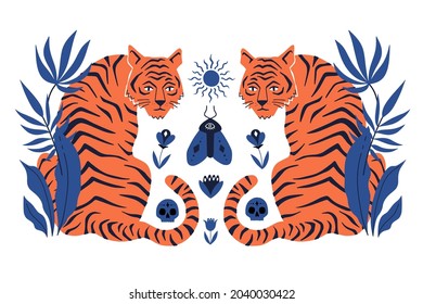 Symmetrical concept with  tigers and mystical boho elements. Hand drawn vector illustration.