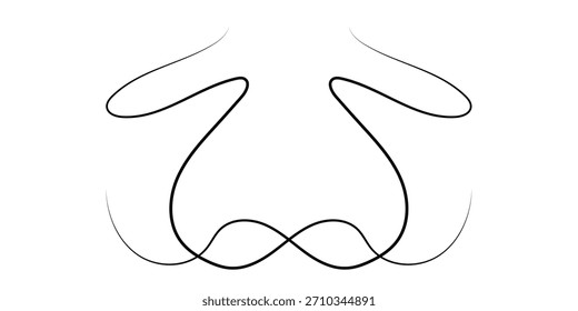 A symmetrical, continuous black line drawing on a white background. The elegant, flowing line creates an abstract, mirrored shape with loops and curves, tapering at the ends.
