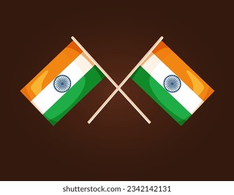 Banderas hindúes simétricas cruzadas con azafrán, colores blancos y verdes, y el logo del vector Ashoka Chakra.