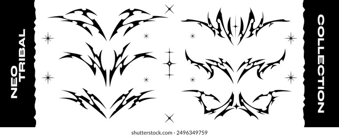 Symmetrical cyber sigilism clip art. Neo tribal y2k set collection. Gothic illustration element for fashion clothing, tattoo, poster