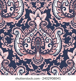 Symmetrical Damask ornament stylized with leaves, branches and blooms. Floristic motif for making carpets and wall tiles. Seamless pattern, wallpaper or background print. Vector in flat style