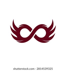 Symmetrical dark red infinity icon featuring feather wings for branding.