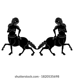 Symmetrical decor or frame with two female centaurs. Half horse half woman. Black and white silhouette.