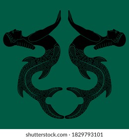 Symmetrical decor with two antique mermaids or sirens. Fantastic lady with fish tail. Monochrome black and green silhouette.