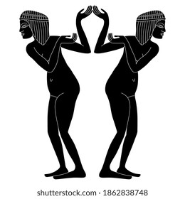 Symmetrical decor with two dancing ancient Egyptian girls. Black and white silhouette.