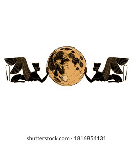 Symmetrical decor with two Egyptian female sphinxes flanking full moon. Creative concept for lunar energy and feminine power.