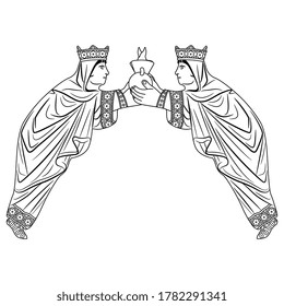 Symmetrical decor with two fantastic medieval queen ladies holding lamp or vessel. Black and white silhouette.