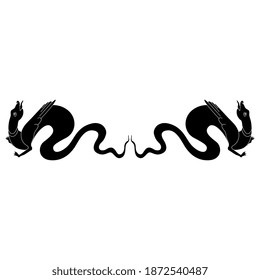 Symmetrical decor with two medieval winged dragons or serpents. Black and white silhouette.