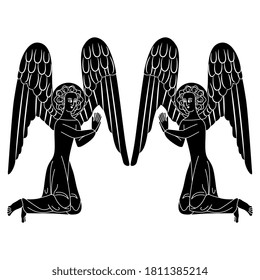 Symmetrical decor with two praying medieval angel. Isolated vector illustration. Black and white silhouette.