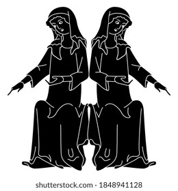 Symmetrical decor with two seated medieval women. Gothic style. Black and white silhouette.