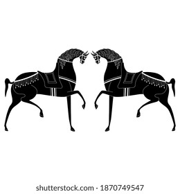 Symmetrical decor with two stylized horses. Russian folk style. Black and white silhouette.
