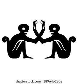 Symmetrical decoration with two stylized monkey holding arms. Black and white silhouette. Ethnic Native American design of Maya Indians.