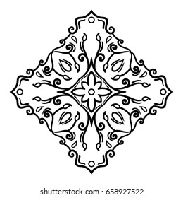 Symmetrical decorative design element. Black outline isolated on white background. Can be used as a template for a coloring book page. Vector