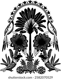 A symmetrical, decorative design featuring stylized tropical birds (parrots and toucans), banana trees, flowers, and pineapples in a vibrant, bold black and white color scheme.