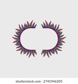 A symmetrical, decorative design on a light gray background features two curved, colorful floral-like motifs facing each other, forming an incomplete circle. The motifs consist of overlapping feather-like leaves in vibrant shades of pink, purple, and green, creating a rhythmic, spiky pattern. The elements converge at the top and bottom, with an open space at both sides, suggestive of a stylized wreath or frame suitable for ornamental purposes.