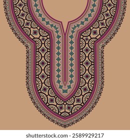 A symmetrical decorative neckline pattern for an Indian kurta, featuring intricate geometric and floral motifs in bold shades of burgundy, teal, and purple on a beige background.