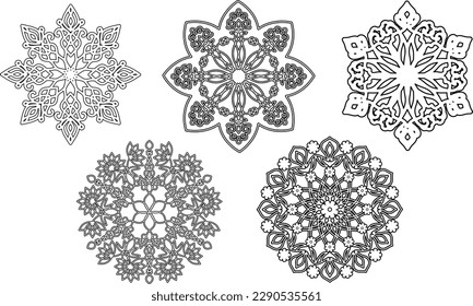 symmetrical decorative patterns. collection. a set of decorative elements. circular floral ornament. plate. mehendi. tattoo. black and white contour drawing. templates. coloring book. embroidery.
