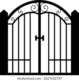 A symmetrical depiction of a closed wrought iron gate against a plain background features scrollwork at the top and sturdy gate posts. The black silhouette captures refined craftsmanship.