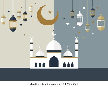 A symmetrical depiction of a mosque, crescent moon, stars, and lanterns in gold and navy tones. Ideal for event posters, mosque activities, or religious event announcements.