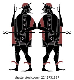 Symmetrical design with ancient Greek god Hermes or Mercury. Vase painting style. Isolated vector illustration.