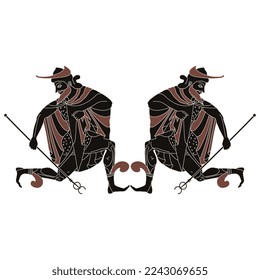 Symmetrical design with ancient Greek god Hermes or Mercury. Vase painting style. Isolated vector illustration.