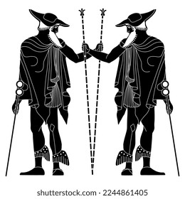 Symmetrical design with ancient Greek god Hermes or Mercury. Black and white silhouette.