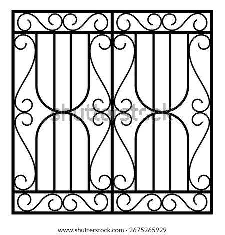 A symmetrical design of a black wrought iron gate or window grill. Features decorative scrolls and vertical bars. Elegant and classic style.