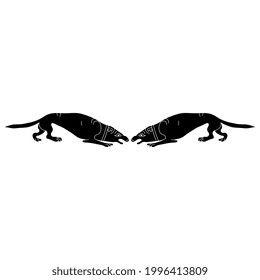 Symmetrical design or border with two stylized dogs. Ancient Greek vase painting animal motif. Black and white negative silhouette.