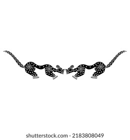 Symmetrical design or border with two stylized jaguars from Costa Rica. Native American art of pre Columbian Indians. Black and white silhouette.