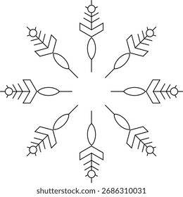 Ein symmetrisches Design mit einem zentralen Kreis mit abstrahlenden Linien und geometrischen Formen, alles in Schwarz.