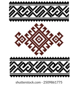 A symmetrical design featuring a central diamond shape in brown with intricate pixelated borders in black and white. The pattern evokes traditional woven textile art.