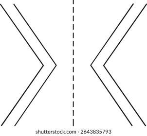 A symmetrical design featuring double lines forming angled shapes, separated by a dashed vertical line on a clean white background.