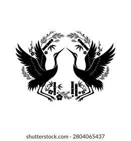 Symmetrical design featuring two black cranes facing each other, surrounded by bamboo stalks and delicate flowers, rendered in a graphic, illustrative style.