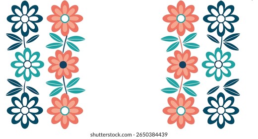 A symmetrical design featuring vertical arrangements of stylized flowers and leaves in coral, teal, and navy blue against a clean white background.
