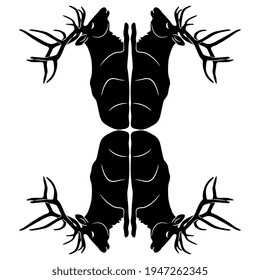 Symmetrical design with four antlered elks or deer. Black and white silhouette.