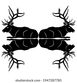 Symmetrical design with four antlered elks or deer. Black and white silhouette.