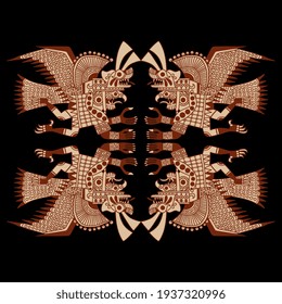 Symmetrical design with four flying anthropomorphic birds. Ancient Peruvian Native American art of Mochica or Moche Indians. Ethnic tribal folk style.