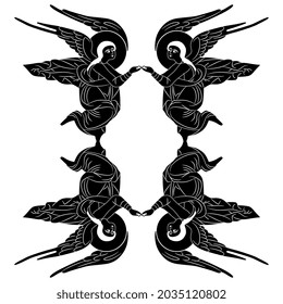 Symmetrical design or frame with four flying angels. Black and white negative silhouette. Christian holy symbol.