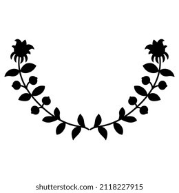 Symmetrical design or frame with two blooming flower branches. Vintage folk style. Black silhouette on white background.