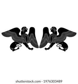 Symmetrical design or frame with two fantastic winged female sphinxes. Ancient Greek mythological creature. Half woman half lion. Black and white negative silhouette.