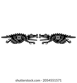 Symmetrical design or frame with two fantastic crocodile monsters. Native American animal design of Aztec Indians from Mexican codex. Black and white negative silhouette.