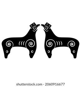 Symmetrical design or frame with two fantastic animals or griffins. Ancient Viking folk motif. Black and white negative silhouette.