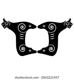 Symmetrical design or frame with two fantastic animals or griffins. Ancient Viking folk motif. Black and white negative silhouette.