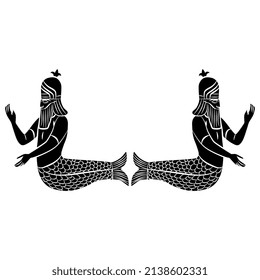 Symmetrical design or frame with two fantastic Sumerican mermen. God Uanna or Oannes. Dagon. Merman. Half man half fish. Babylonian Mesopotamian mythology. Black and white negative silhouette.